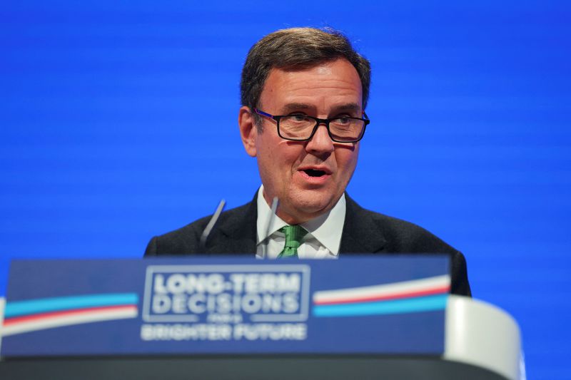 © Reuters. FILE PHOTO: Chairman of the Conservative Party Greg Hands speaks on stage at the Conservative Party's annual conference in Manchester, Britain, October 1, 2023. REUTERS/Toby Melville/File Photo