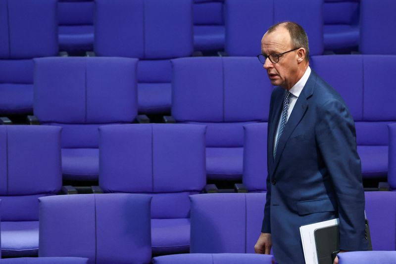 &copy; Reuters. Friedrich Merz, opposition leader and chairman of the Christian Democratic Union party CDU, looks on ahead of the final four-day-long debate of the German lower house of parliament, the Bundestag, about the 2024 budget, in Berlin, Germany, January 30, 202