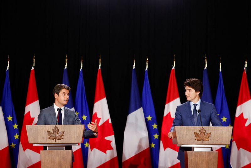 &copy; Reuters. Canada's Prime Minister Justin Trudeau and France's Prime Minister Gabriel Attal hold a joint news conference, in Ottawa, Ontario, Canada April 11, 2024.  REUTERS/Blair Gable