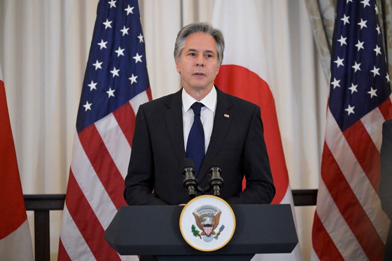 &copy; Reuters. وزير الخارجية الأمريكي أنتوني بلينكن يتحدث خلال مأدبة غداء على شرف رئيس الوزراء الياباني في واشنطن يوم 11 أبريل نيسان 2024. تصوير: كريج هادسون -