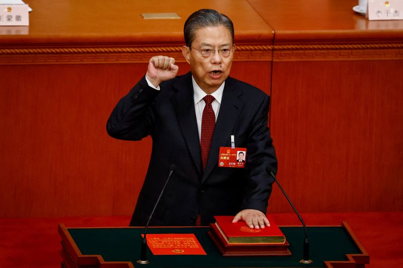 &copy; Reuters. Zhao Leji presta juramento durante a Terceira Sessão Plenária da Assembleia Popular Nacional (APN) no Grande Salão do Povo, em Pequim
10/03/2023
MARK R. CRISTINO/Pool via REUTERS