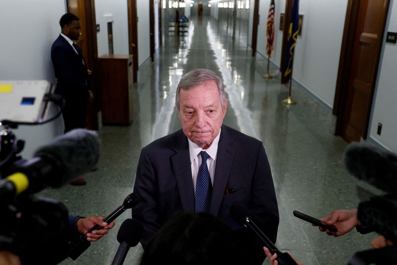 &copy; Reuters. FILE PHOTO: U.S. Senate Judiciary Committee Chairman Dick Durbin (D-IL) speaks to reporters outside a hearing on federal judge nominations on Capitol Hill in Washington, U.S. October 4, 2023.  REUTERS/Jonathan Ernst/File Photo