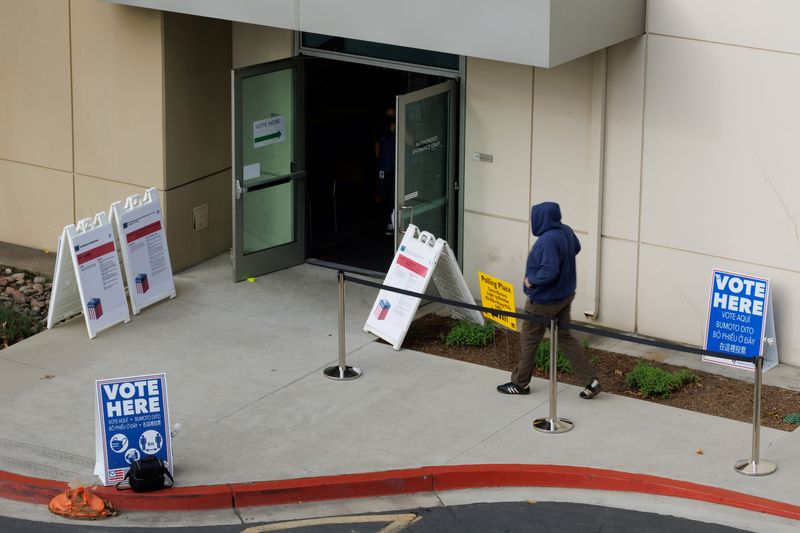 © Reuters. FILE PHOTO: A voter arrives at a polling station during the Super Tuesday primary election in San Diego, California U.S., March 5, 2024.  REUTERS/Mike Blake/File Photo