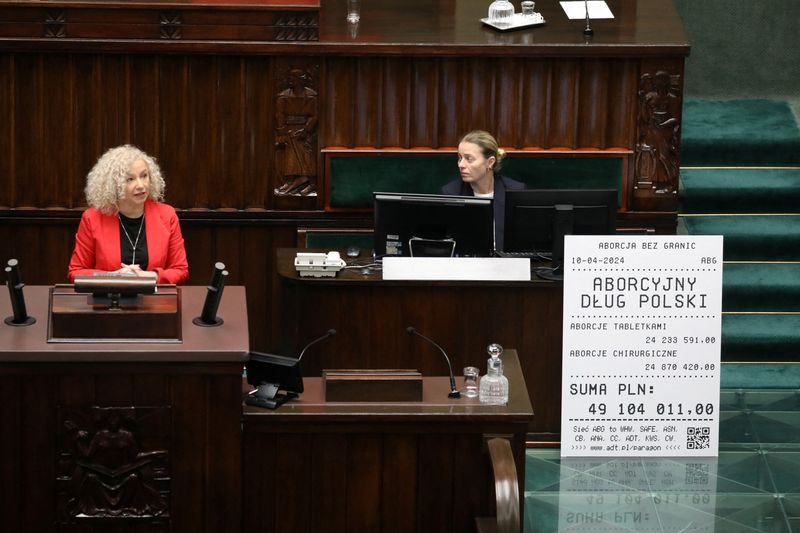 © Reuters. FILE PHOTO: Polish Minister for Equality Katarzyna Kotula speaks during a debate on liberalizing acquire entry to to abortion at the Polish parliament, in Warsaw, Poland  April 11, 2024. Slawomir Kaminski/Agencja Wyborcza.pl through REUTERS/File Photograph