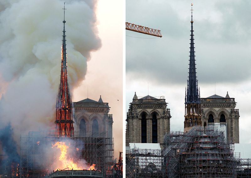 &copy; Reuters. FOTO ARCHIVO: Una imagen combinada muestra una columna de humo mientras el fuego envuelve la aguja de la Catedral de Notre Dame en París, Francia. 15 de abril de 2019 (izquierda) y una vista de la nueva aguja, coronada por el gallo y la cruz mientras con