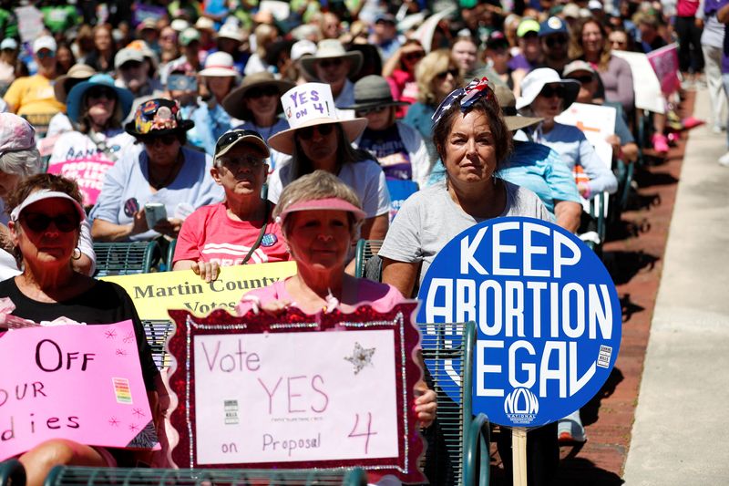 &copy; Reuters. Abortion rights advocates gather to launch their Yes On 4 campaign with a march and rally against the six-week abortion ban ahead of November 5, when Florida voters will decide on whether there should be a right to abortion in the state, in Orlando, Flori