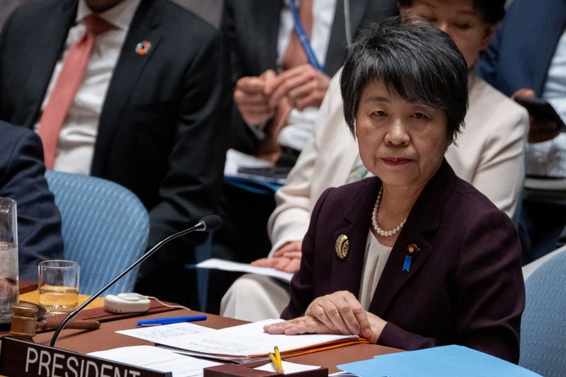 &copy; Reuters. وزيرة الخارجية اليابانية يوكو كاميكاوا خلال جلسة لمجلس الأمن التابع للأمم المتحدة بمقر المنظمة في نيويورك يوم 18 مارس آذار 2024. تصوير: ديفيد د