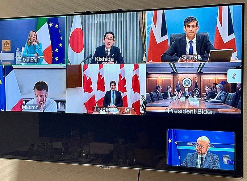 © Reuters. Los líderes del G7 discuten el ataque iraní a Israel en una reunión de vídeo en esta imagen obtenida de las redes sociales, Bruselas, Bélgica. 14 de abril de 2024. Charles Michel vía X/vía REUTERS. ATENCIÓN EDITORES -  ESTA IMAGEN HA SIDO ENTREGADA POR UN TERCERO. NO DISPONIBLE PARA REVENTA NI ARCHIVO. CREDITO OBLIGATORIO
