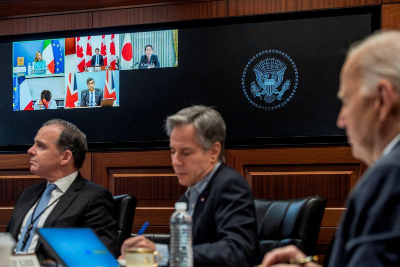 © Reuters. Les membres du G7 en vidéoconférence. /Photo prise le 14 avril 2024/REUTERS/Maison Blanche