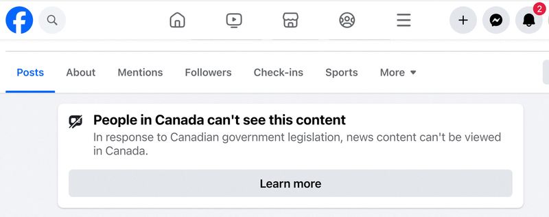© Reuters. A warning that news stories cannot be seen on Facebook by users in Canada, a response by Meta to a new law requiring large internet companies to pay Canadian news publishers for their content, appears in a screenshot taken in Vancouver, British Columbia, Canada April 5, 2024. Social Media Website/Handout via REUTERS  