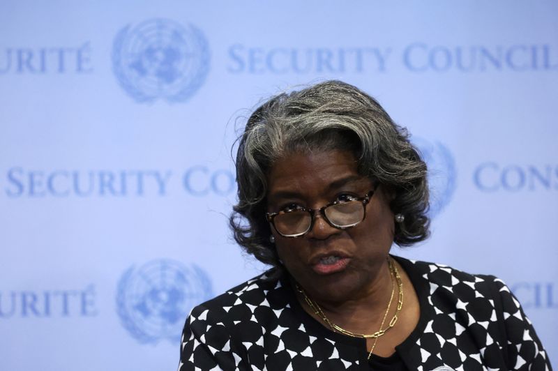 &copy; Reuters. FILE PHOTO: U.S. Ambassador to the United Nations Linda Thomas-Greenfield speaks to reporters following a vote on a U.N. Security Council resolution to demand an immediate humanitarian ceasefire in Gaza during the conflict between Israel and Hamas, at U.N
