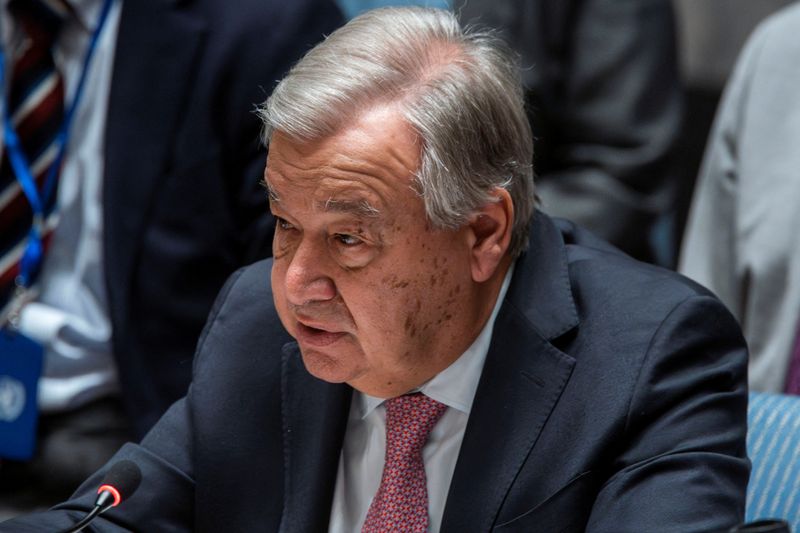 &copy; Reuters. الأمين العام للأمم المتحدة أنطونيو جوتيريش يتحدث خلال اجتماع لمجلس الأمن في مقر الأمم المتحدة بنيويورك يوم 14 أبريل نيسان 2024. تصوير: إدواردو 