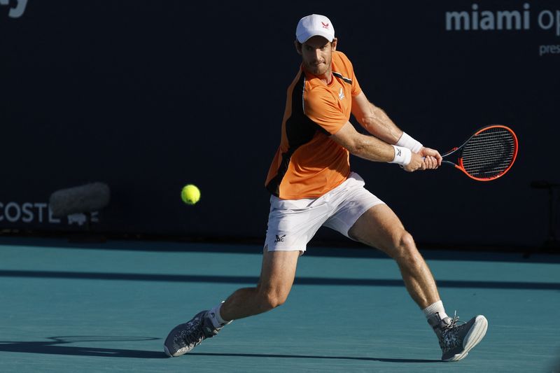 &copy; Reuters. FILE PHOTO: Mar 24, 2024; Miami Gardens, FL, USA; Andy Murray (GBR) hits a backhand against Tomas Machac (CZE) (not pictured) on day seven of the Miami Open at Hard Rock Stadium. Mandatory Credit: Geoff Burke-USA TODAY Sports