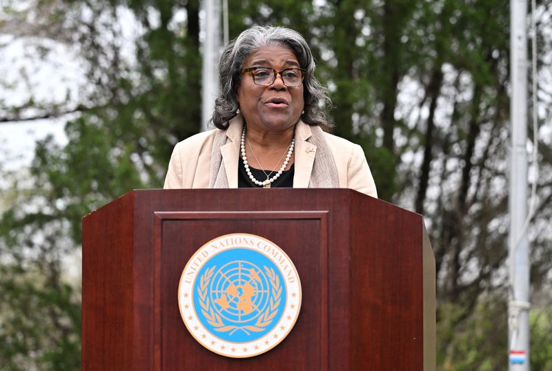 &copy; Reuters. U.S. Ambassador to the United Nations Linda Thomas-Greenfield speaks to reporters at the U.S. Army base Camp Bonifas in Paju near the truce village of Panmunjom, South Korea April 16, 2024.  JUNG YEON-JE/Pool via REUTERS
