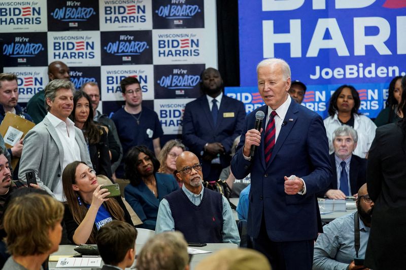 © Reuters. FILE PHOTO: U.S. President Joe Biden speaks during a visit to the campaign headquarters for the state of Wisconsin, in Milwaukee, Wisconsin, U.S., March 13, 2024.  REUTERS/Kevin Lamarque/File Photo