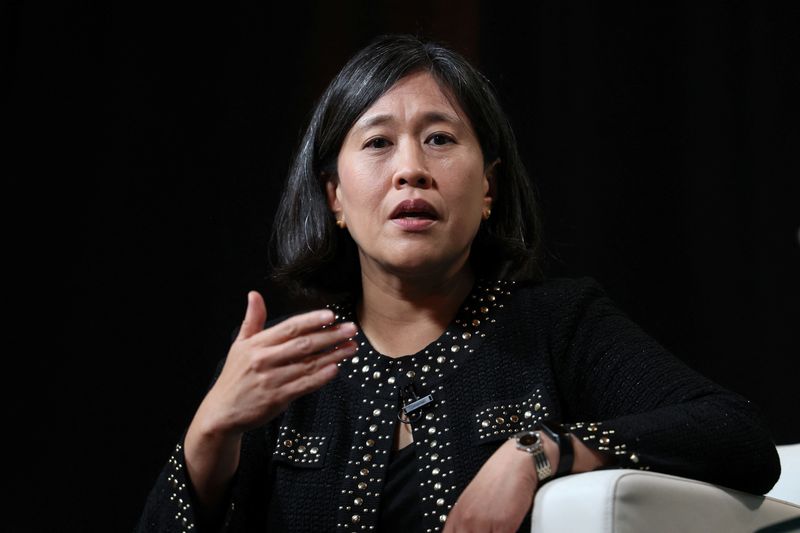 © Reuters. FILE PHOTO: U.S. Trade Representative Katherine Tai speaks during the Axios BFD event in New York City, U.S., October 12, 2023. REUTERS/Brendan McDermid/File Photo