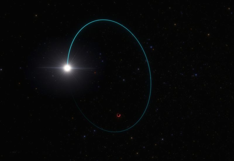 © Reuters. Una impresión artística muestra las órbitas del agujero negro estelar más masivo de nuestra galaxia, apodado Gaia BH3, y una estrella compañera, en esta imagen de distribución obtenida por Reuters el 16 de abril de 2024.  Observatorio Europeo Austral/L. Calcada/Handout via REUTERS