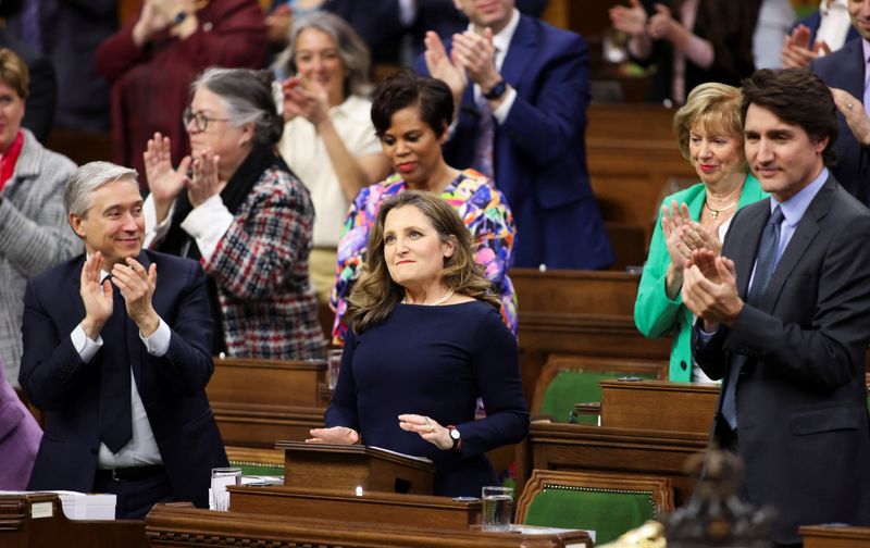 © Reuters. Canada's Deputy Prime Minister and Minister of Finance Chrystia Freeland presents the federal government budget for fiscal year 2024-25, in the House of Commons on Parliament Hill in Ottawa, Ontario, Canada, April 16, 2024.  REUTERS/Patrick Doyle