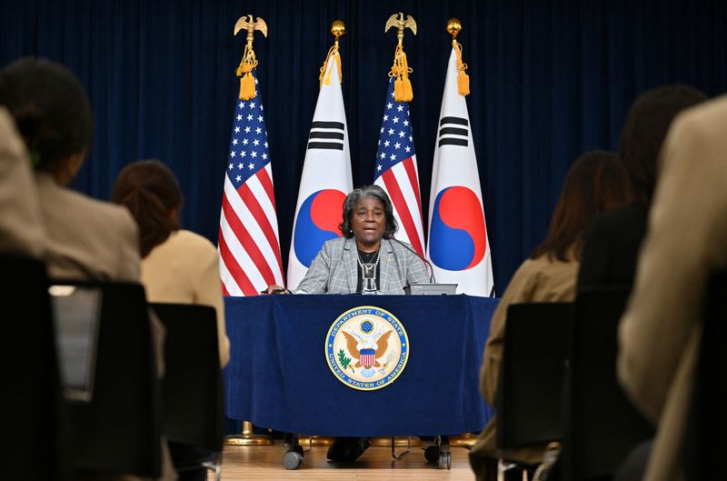 &copy; Reuters. السفيرة الأمريكية لدى الأمم المتحدة ليندا توماس جرينفيلد خلال مؤتمر صحفي في سول بكوريا الجنوبية يوم 17 أبريل نيسان 2024. صورة لرويترز من ممثل ل