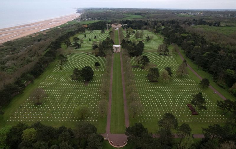 &copy; Reuters. A drone view shows the World War II Normandy American Cemetery and Memorial at Colleville-sur-Mer, situated above Omaha Beach, Normandy region, France, April 11, 2024. REUTERS/Christian Hartmann/File Photo
