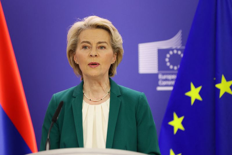 &copy; Reuters. EU Commission President Ursula von der Leyen speaks to the media on the day of the meeting with U.S. Secretary of State Antony Blinken, European Union foreign policy chief Josep Borrell and Armenian Prime Minister Nikol Pashinyan in Brussels, Belgium, Apr