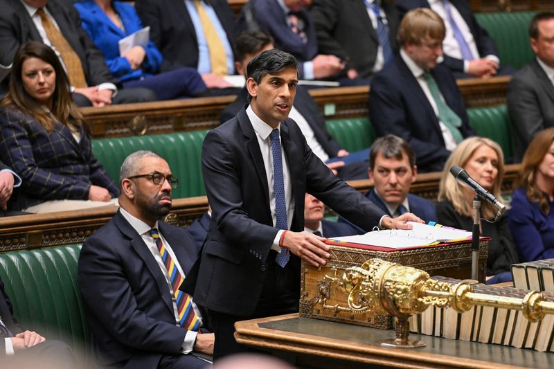 &copy; Reuters. British Prime Minister Rishi Sunak speaks at the House of Commons in London, Britain, April 15, 2024. UK Parliament/Jessica Taylor/Handout via REUTERS 