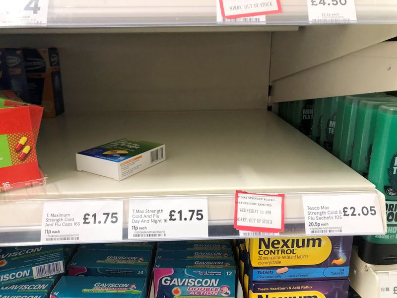 &copy; Reuters. FIEL PHOTO: Empty shelves out of stock of medicine are pictured in a supermarket in London, Britain, March 6 2020. REUTERS/Henry Nicholls/File Photo