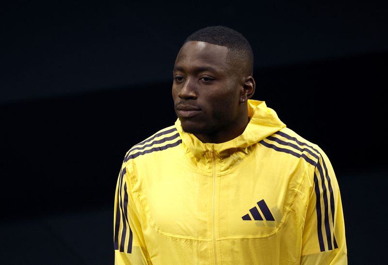 &copy; Reuters. Paris 2024 Olympics - Adidas Olympics Outfits Launch - Adidas Arena, Paris, France - April 18, 2024 Grant Holloway of the U.S. during the launch REUTERS/Sarah Meyssonnier