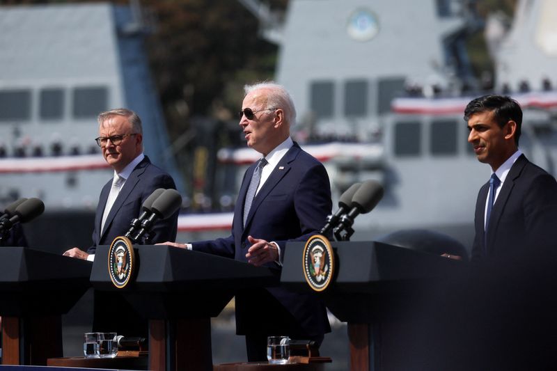 &copy; Reuters. FILE PHOTO: U.S. President Joe Biden, Australian Prime Minister Anthony Albanese and British Prime Minister Rishi Sunak deliver remarks on the Australia - United Kingdom - U.S. (AUKUS) partnership, after a trilateral meeting, at Naval Base Point Loma in S