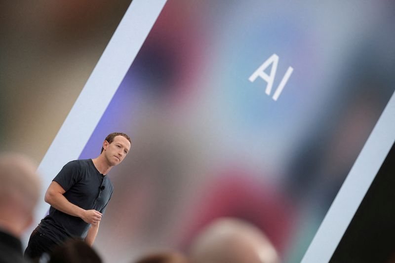 &copy; Reuters. FILE PHOTO: Meta CEO Mark Zuckerberg delivers a speech, as the letters AI for artificial intelligence appear on screen, at the Meta Connect event at the company's headquarters in Menlo Park, California, U.S., September 27, 2023. REUTERS/Carlos Barria/File