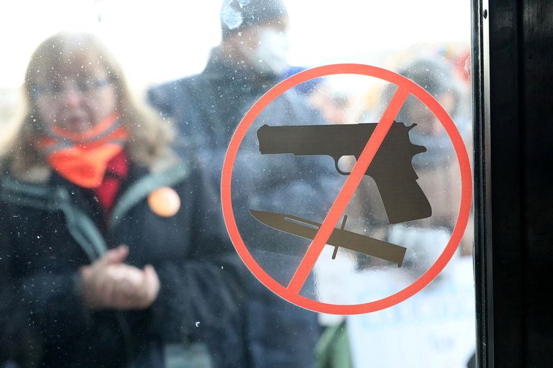 &copy; Reuters. FILE PHOTO: A view of a "no weapons allowed" sign during a gun safety rally held at the Maine State House in Augusta, Maine, U.S. January 3, 2024.  REUTERS/Lauren Owens Lambert/File Photo
