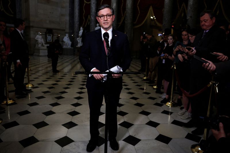 &copy; Reuters. FILE PHOTO: Speaker of the House Mike Johnson (R-LA) speaks to the media after the Senate dismissed the House Republican impeachment charges against Homeland Security Secretary Alejandro Mayorkas in Statuary Hall at the U.S. Capitol in Washington, U.S., A