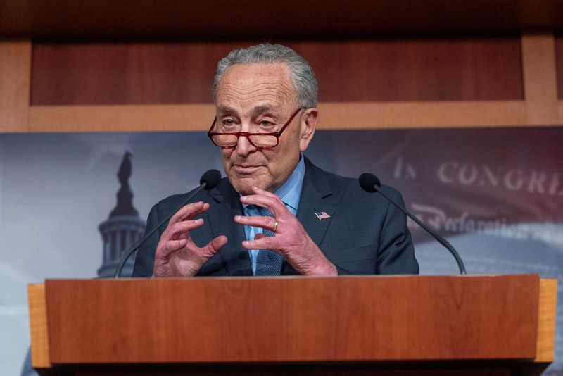 &copy; Reuters. U.S. Senate Majority Leader Chuck Schumer (D-NY) speaks to the media after the Senate dismissed the House Republican impeachment charges against Homeland Security Secretary Alejandro Mayorkas at the U.S. Capitol in Washington, U.S., April 17, 2024.  REUTE