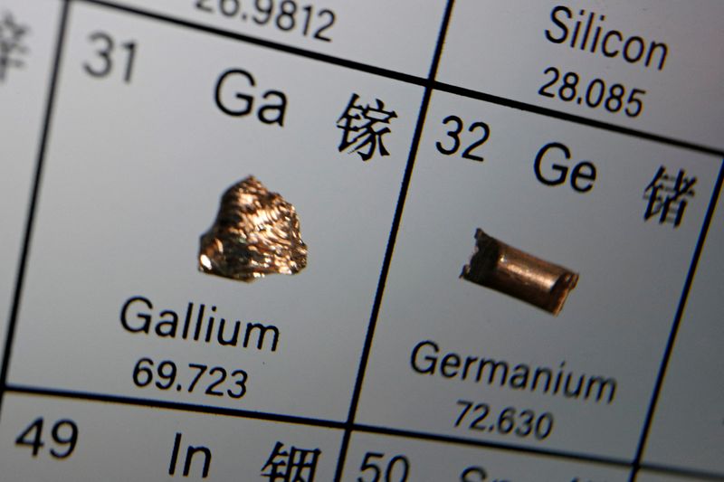 © Reuters. FILE PHOTO: Các nguyên tố của Gallium và Germanium được nhìn thấy trên bảng tuần hoàn, trong ảnh minh họa này được chụp vào ngày 6 tháng 7 năm 2023. REUTERS/Florence Lo/Illustration/File photo