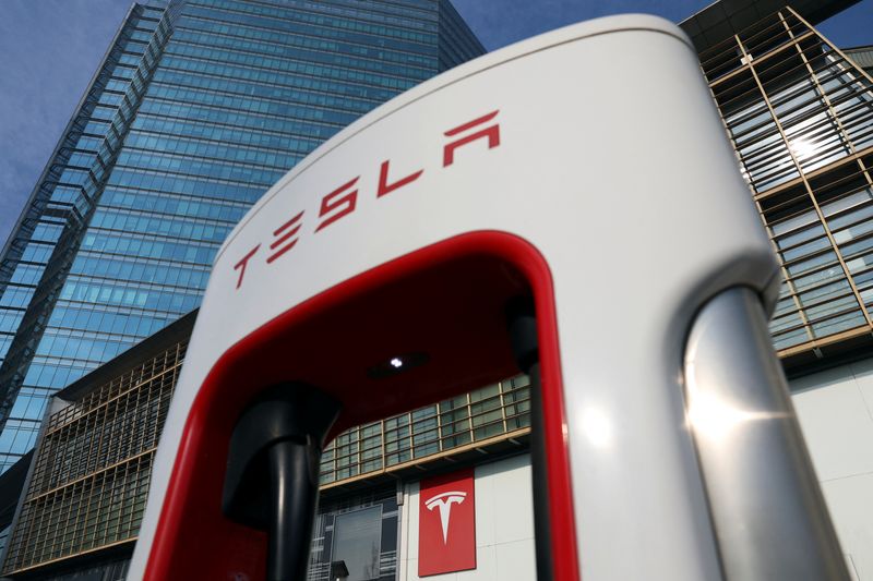 © Reuters. FILE PHOTO: The Tesla logo is seen through a charging station outside a store of the electric vehicle (EV) maker in Beijing, China January 4, 2024. REUTERS/Florence Lo/File photo