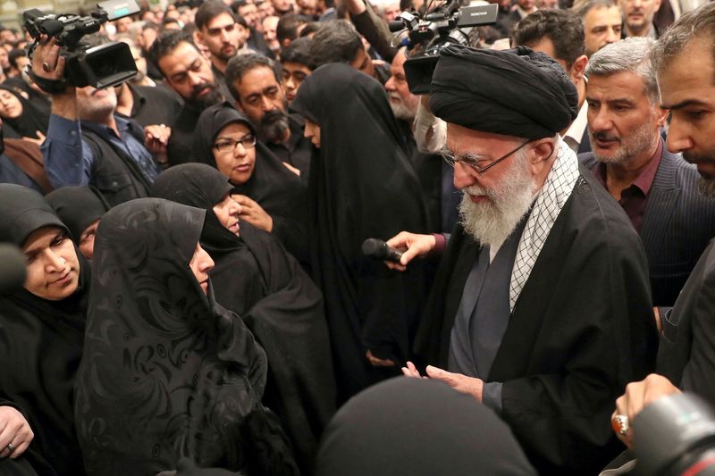 &copy; Reuters. Iran's Supreme Leader, Ayatollah Ali Khamenei, meets with the family of one of the members of the Islamic Revolutionary Guard Corps who were killed in the Israeli airstrike on the Iranian embassy complex in the Syrian capital Damascus, during a funeral ce