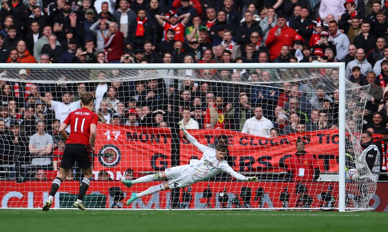 &copy; Reuters. Soccer Football - FA Cup - Semi Final - Coventry City v Manchester United - Wembley Stadium, London, Britain - April 21, 2024 Manchester United's Rasmus Hojlund scores the winning penalty in the penalty shootout REUTERS/Toby Melville
