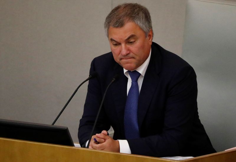 &copy; Reuters. FILE PHOTO: Russian parliament speaker Vyacheslav Volodin attends a session during a vote for the pension reform bill at the State Duma, the lower house of parliament, in Moscow Russia September 26, 2018. REUTERS/Sergei Karpukhin/File Photo