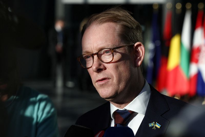 &copy; Reuters. FILE PHOTO: Sweden's Foreign Minister Tobias Billstrom speaks to the media as he attends a NATO foreign ministers meeting at the Alliance's headquarters in Brussels, Belgium November 28, 2023. REUTERS/Yves Herman/File Photo