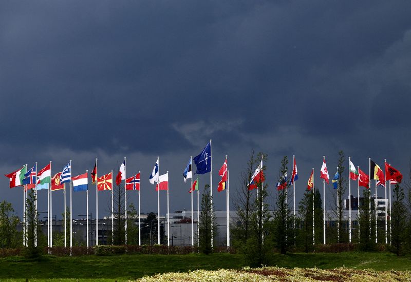 &copy; Reuters. FILE PHOTO: National flags of the Alliance's members flutter at the NATO headquarters in Brussels, Belgium,April 17, 2024. REUTERS/Yves Herman/File Photo