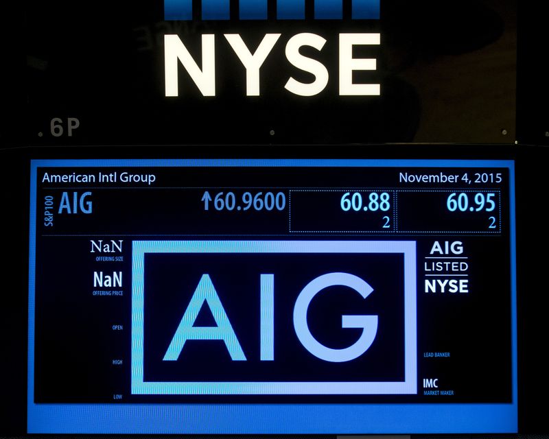 &copy; Reuters. FILE PHOTO: The ticker information for insurance company American International Group Inc., (AIG) is displayed on a screen above the post where it is traded on the floor of the New York Stock Exchange November 4, 2015. REUTERS/Brendan McDermid/File Photo