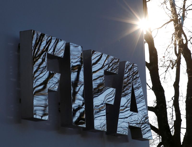 &copy; Reuters. FILE PHOTO: The FIFA logo is seen outside the FIFA headquarters in Zurich, Switzerland December 17, 2015. REUTERS/Ruben Sprich/File Photo