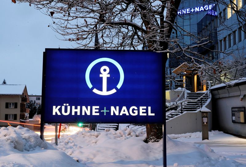 &copy; Reuters. FILE PHOTO: The logo of Swiss logistics group Kuehne + Nagel is seen at its headquarters, in Schindellegi, Switzerland December 9, 2020. REUTERS/Arnd Wiegmann/File Photo