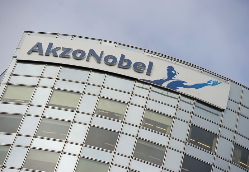 &copy; Reuters. FILE PHOTO: AkzoNobel's logo is seen, ahead of a presentation of the paint maker's 2011 fourth quarter and annual results, in Amsterdam February 16, 2012. REUTERS/Robin van Lonkhuijsen/United Photos/File Photo
