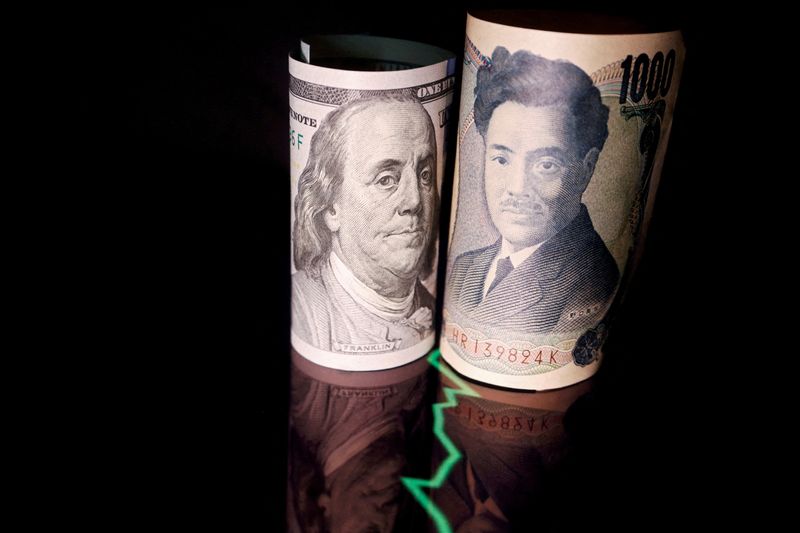 &copy; Reuters. Banconote di yen e dollari statunitensi con un grafico del tasso di cambio. REUTERS/Florence Lo