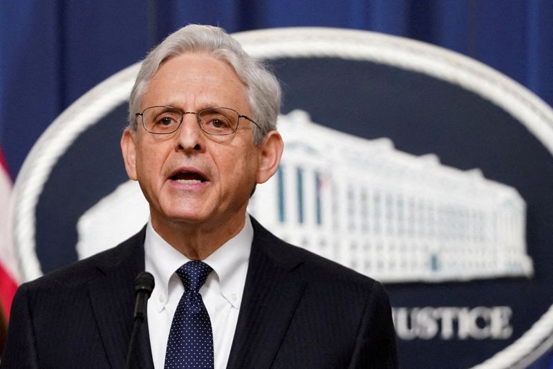 &copy; Reuters. FILE PHOTO: U.S. Attorney General Merrick Garland speaks to reporters during a brief news conference at the Justice Department in Washington, U.S., May 4, 2023. REUTERS/Kevin Lamarque/File Photo