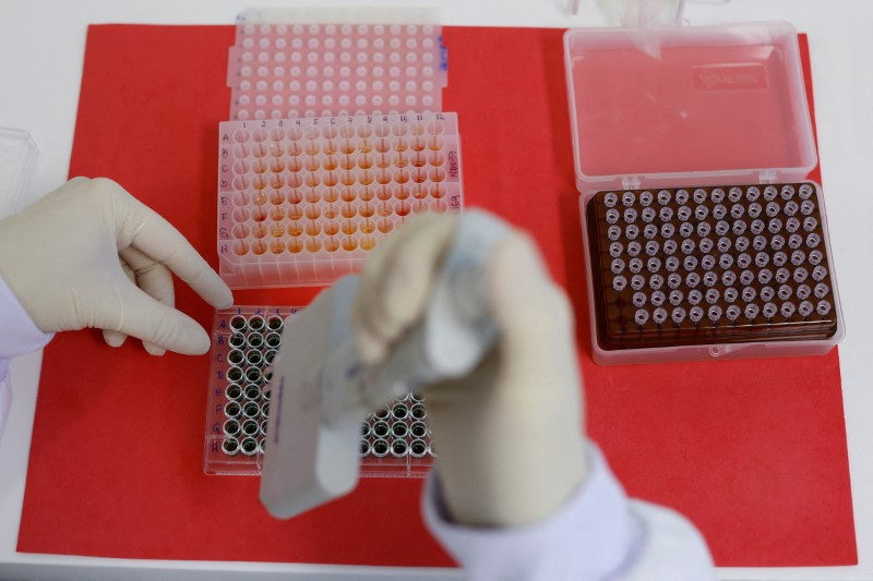 &copy; Reuters. Imagen de archivo. Un empleado diluye muestras de suero de aves para la prueba ELISA para la detección de anticuerpos contra el virus de la influenza aviar en el Laboratorio de Referencia de la Organización Mundial de Sanidad Animal en Campinas, Brasil.