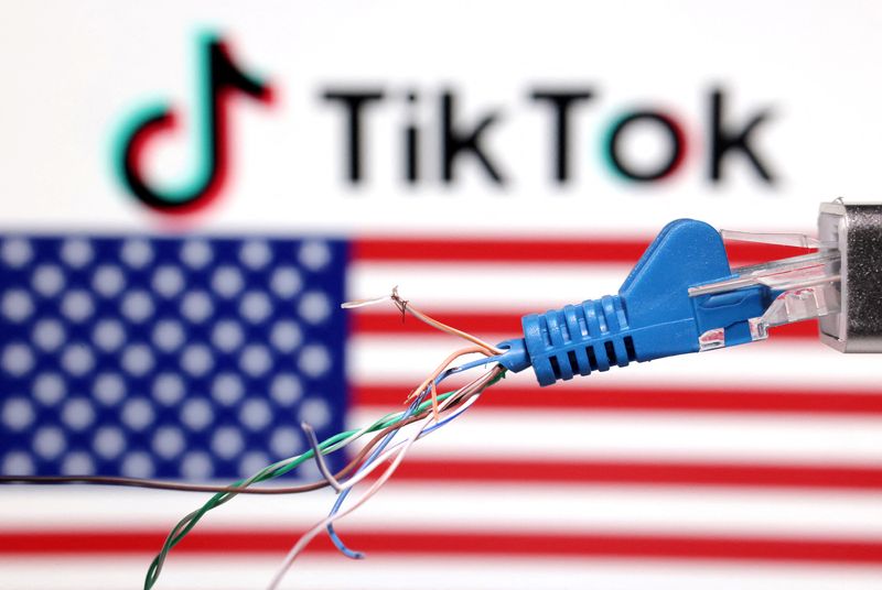 &copy; Reuters. FILE PHOTO: Broken ethernet cable is seen on front of U.S. flag and TikTok logo, April 23, 2024. REUTERS/Dado Ruvic/Illustration/File photo