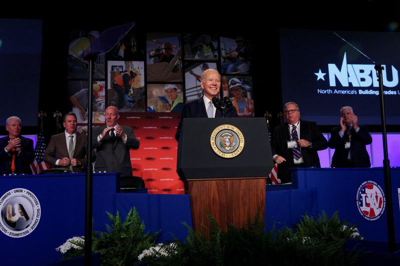 &copy; Reuters. FILE PHOTO: U.S. President Joe Biden, who just announced his reelection campaign for president, delivers remarks at North America's Building Trades Unions Legislative Conference at the Washington Hilton, Washington D.C, U.S., April 25, 2023. REUTERS/Leah 