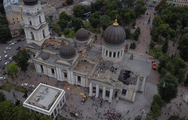 &copy; Reuters. FILE PHOTO: A view shows the Transfiguration Cathedral damaged by Russian missile strike, amid Russia's attack on Ukraine, in Odesa, Ukraine July 23, 2023. REUTERS/Yan Dobronosov/File Photo